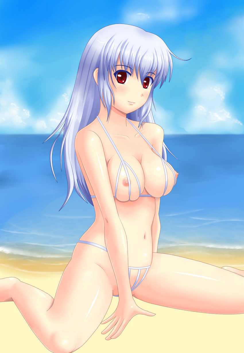 arm_support beach bikini blush breasts highres large_breasts long_hair nippleless_clothes nipples ocean original outdoors red_eyes shiny shiny_skin silver_hair skindentation solo strap_gap swimsuit water wiz_(shadow)