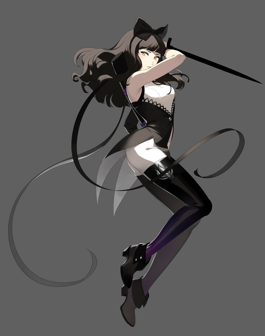 1girl black_hair blake_belladonna boots ein_lee einlee long_hair looking_at_viewer official_art rwby sheath simple_background solo sword thighhighs weapon yellow_eyes