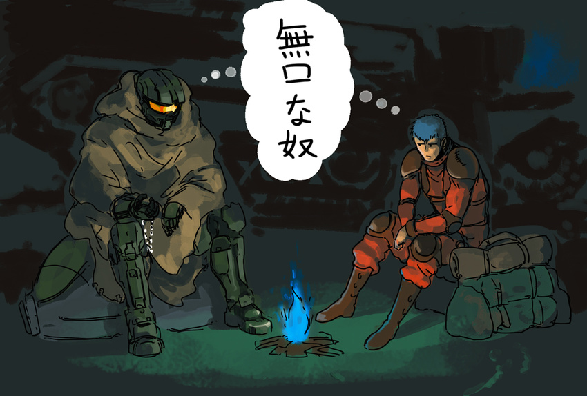 backpack bag blue_hair boots campfire chirico_cuvie cloak crossover dandy ground_vehicle halo_(game) master_chief military military_vehicle motor_vehicle multiple_boys night power_armor shoulder_pads soukou_kihei_votoms tank thought_bubble visor