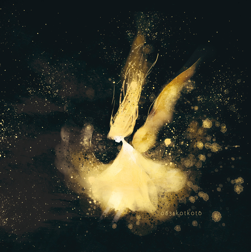 artist_name black black_background dark glowing glowing_hair highres kotokoto_(vibgyor) light_particles long_hair looking_down monochrome original single_wing solo very_long_hair wings yellow