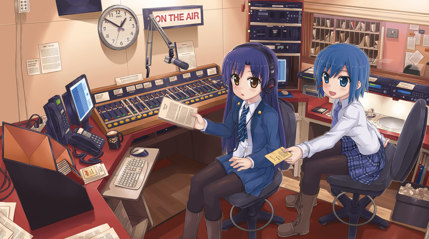 :d blazer blue_eyes blue_hair brown_eyes computer corded_phone headphones idolmaster idolmaster_(classic) jacket kisaragi_chihaya long_hair multiple_girls necktie npcpepper open_mouth original phone plaid plaid_skirt pleated_skirt purple_hair radio_booth school_uniform short_hair sitting skirt smile thighhighs