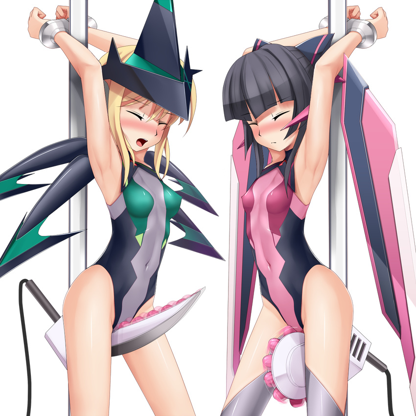 akatsuki_kirika bangs bdsm black_hair blonde_hair blush bodysuit bondage bound closed_eyes covered_navel cuffs eto eyebrows_visible_through_hair handcuffs highres motion_blur multiple_girls no_pants restrained senki_zesshou_symphogear sex_machine thighhighs tsukuyomi_shirabe