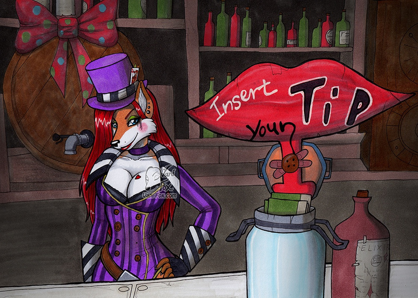 anthro bar bartender belt blue_eyes blush borderlands bottle button canine cleavage clothed clothing cosplay ear_piercing eyeshadow female fox hair hat invalid_tag keg mad_moxxi makeup mammal piercing red_hair ribbons scarf sign smile suit top_hat vani-fox