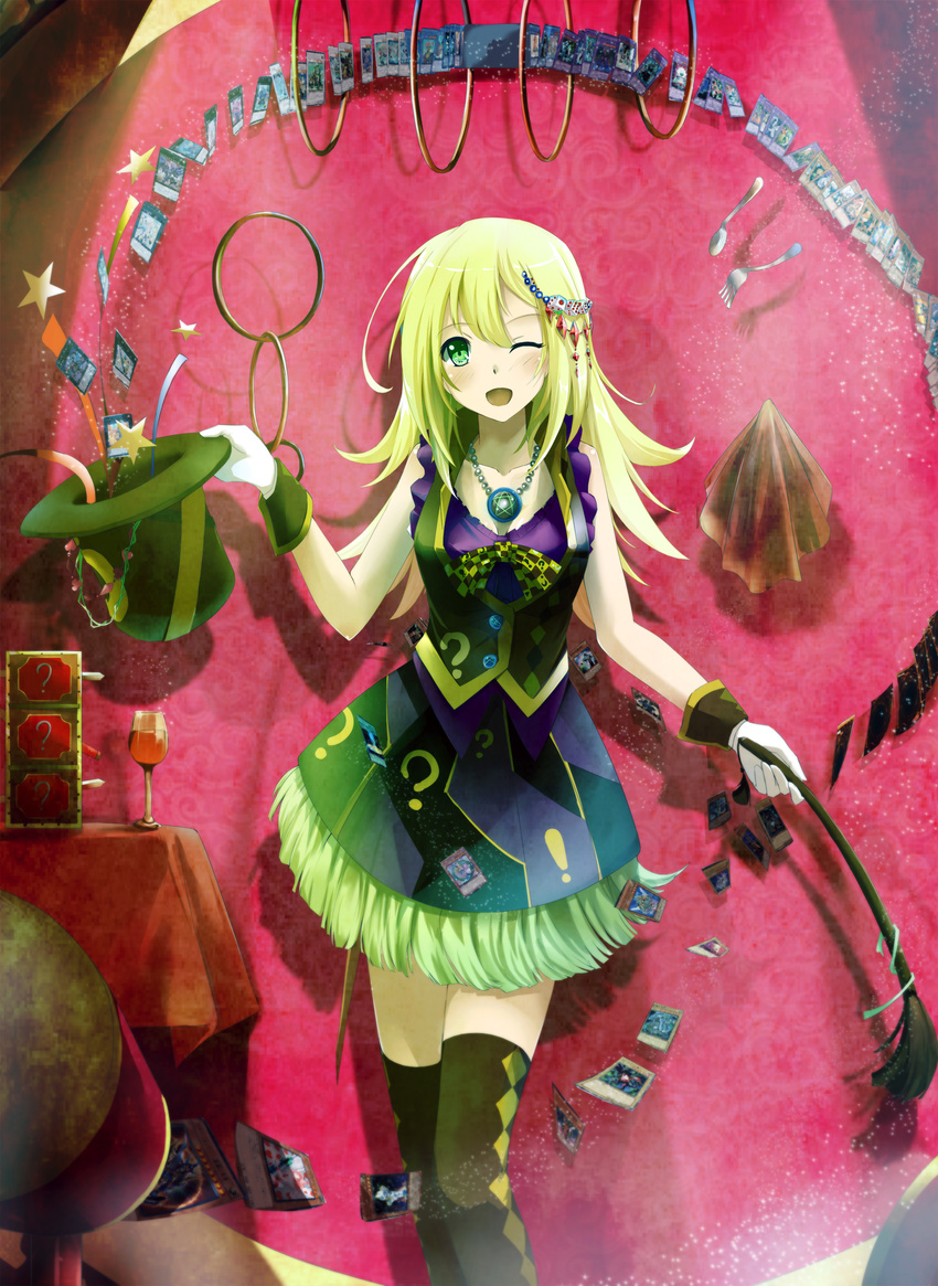 ;d absurdres alternate_costume blonde_hair card collarbone cup dark_magician_girl drinking_glass duel_monster fork green_eyes hair_ornament hat hat_basket hat_removed headwear_removed highres holding holding_hat jewelry kyaro_(kyaro54) long_hair magic_trick magician necklace one_eye_closed open_mouth pentagram ring smile solo spoon thighhighs wine_glass wrist_cuffs yuu-gi-ou
