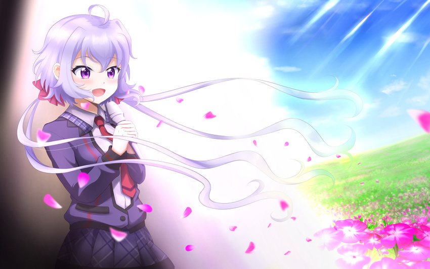 flower fortune grass hair_ornament long_hair lydian_academy_uniform microphone music necktie purple_eyes school_uniform senki_zesshou_symphogear silver_hair singing skirt sky solo twintails yukine_chris