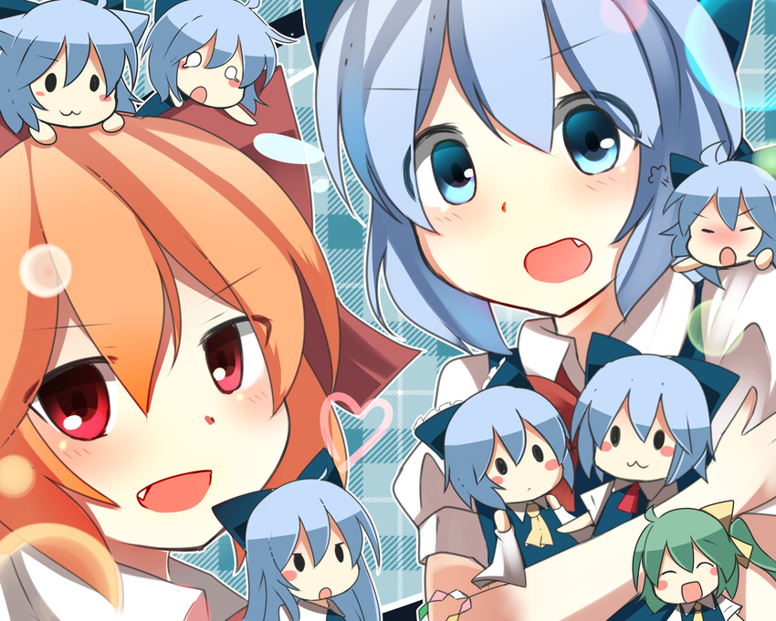:3 ^_^ achi_cirno alternate_color alternate_element alternate_hairstyle animal_ears ascot bad_id bad_pixiv_id blue_dress blue_eyes blue_hair blush blush_stickers bow cat_ears chibi cirno closed_eyes cosplay daiyousei detached_sleeves dress fang green_hair hair_bow hakurei_reimu hakurei_reimu_(cosplay) heart highres holding kemonomimi_mode lens_flare long_hair looking_at_viewer multiple_girls multiple_persona o_o odd_one_out open_mouth red_eyes red_hair serio_(columns) short_hair side_ponytail touhou
