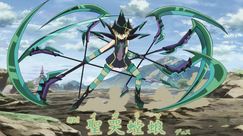 akatsuki_kirika bleach highres nnoitra_gilga parody screencap scythe senki_zesshou_symphogear weapon