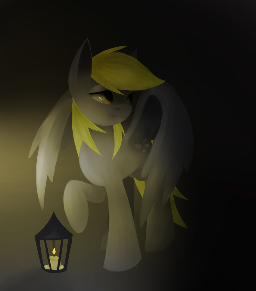 blonde_hair candle cutie_mark dark derpy_hooves_(mlp) equine female feral fire friendship_is_magic fur grey_fur hair horse lantern light long_hair looking_back mammal my_little_pony pegasus plain_background pony smile solo standing twistedmindpony wings yellow_eyes