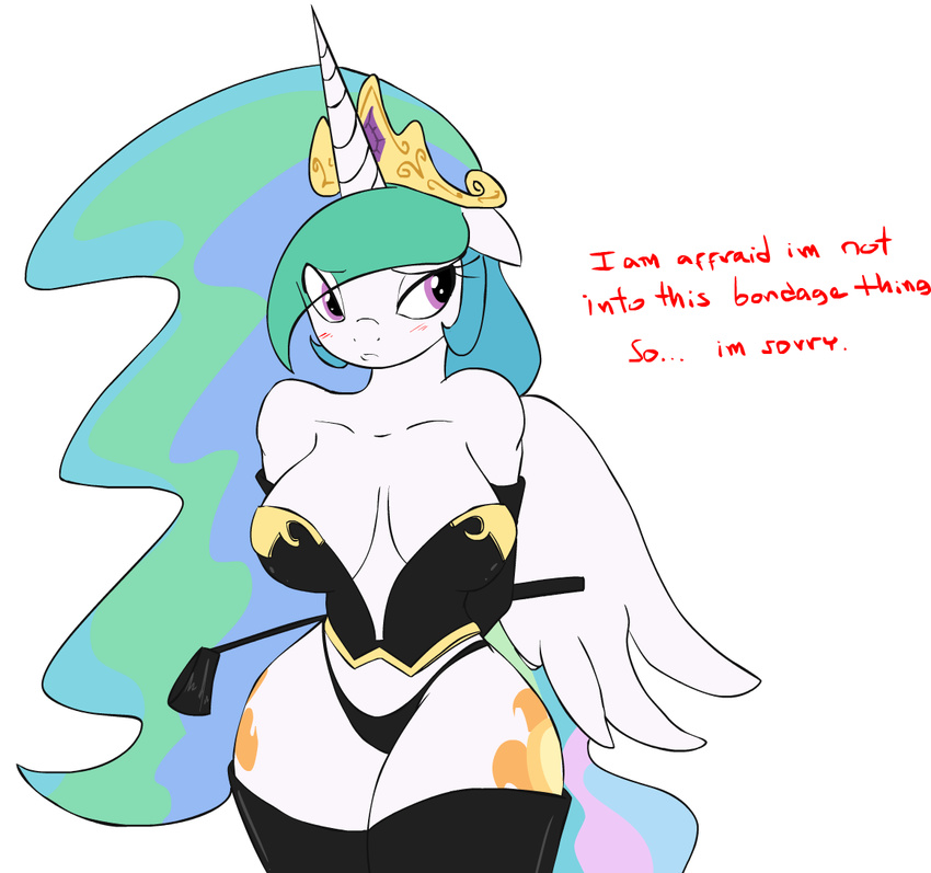 anthrofied big_breasts blush breasts corset crop crown cutie_mark equine female friendship_is_magic hair horn mammal my_little_pony panties princess_celestia_(mlp) solo thick_thighs underwear winged_unicorn wings zev