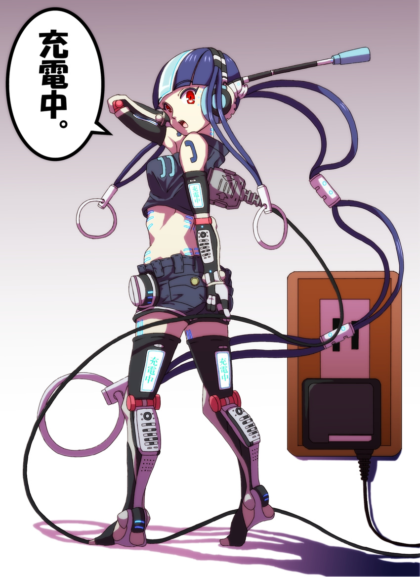 blue_hair breasts cable cellphone cellphone_charm charging crop_top elbow_gloves gloves hair_ornament highres medium_breasts original personification phone power_supply red_eyes robot_ears robot_joints short_hair shorts solo speech_bubble tattoo thighhighs translated you_(maumauyo)