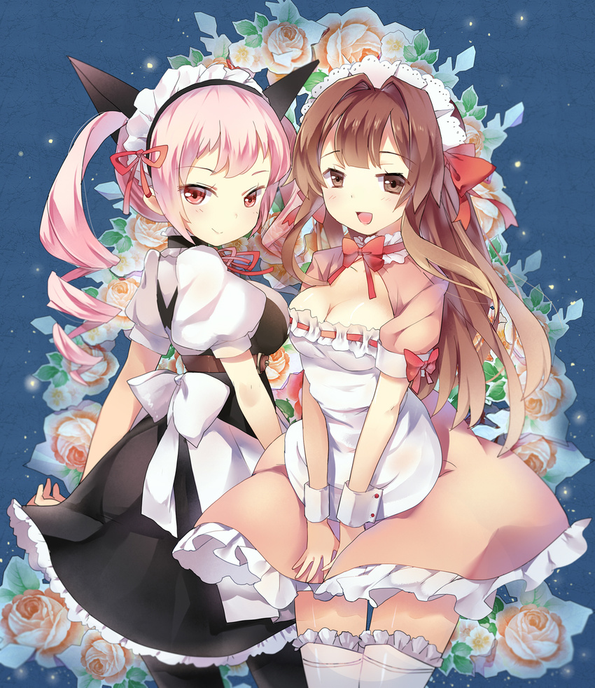 akiha_rumiho alternate_costume apron black_dress black_hair blue_background breasts brown_eyes brown_hair choker cleavage crossover dress drill_hair enmaided flower highres large_breasts long_hair looking_at_viewer maid maid_headdress momoi_haruko multiple_girls open_mouth pantyhose pink_dress pink_eyes pink_flower pink_hair pink_rose ribbon_choker rose seiyuu_connection seto_no_hanayome seto_sun sheska_xue smile steins;gate thighhighs twin_drills twintails v_arms very_long_hair waist_apron white_background wrist_cuffs zettai_ryouiki