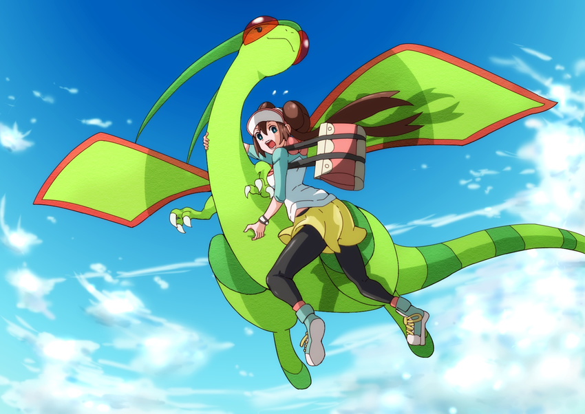 bag black_legwear blue_eyes blue_sky brown_hair day double_bun flygon flying gen_3_pokemon green_wings highres long_hair mei_(pokemon) pantyhose pokemon pokemon_(creature) pokemon_(game) pokemon_bw2 raglan_sleeves satchel scared shorts sky twintails visor_cap wings you_(maumauyo)