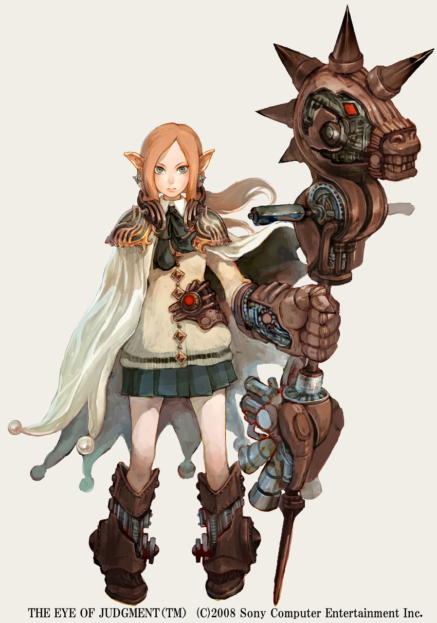 absurdres boots cape earrings green_eyes highres jewelry long_hair mechanical_parts pointy_ears ponytail saitou_shunsuke shoulder_pads skirt solo staff the_eye_of_judgement weapon