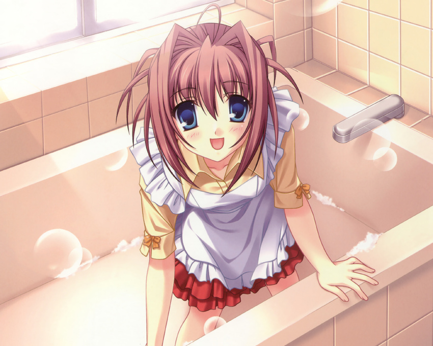 apron asakura_otome bathtub blue_eyes brown_hair bubble cleaning da_capo da_capo_ii kayura_yuka short_hair solo