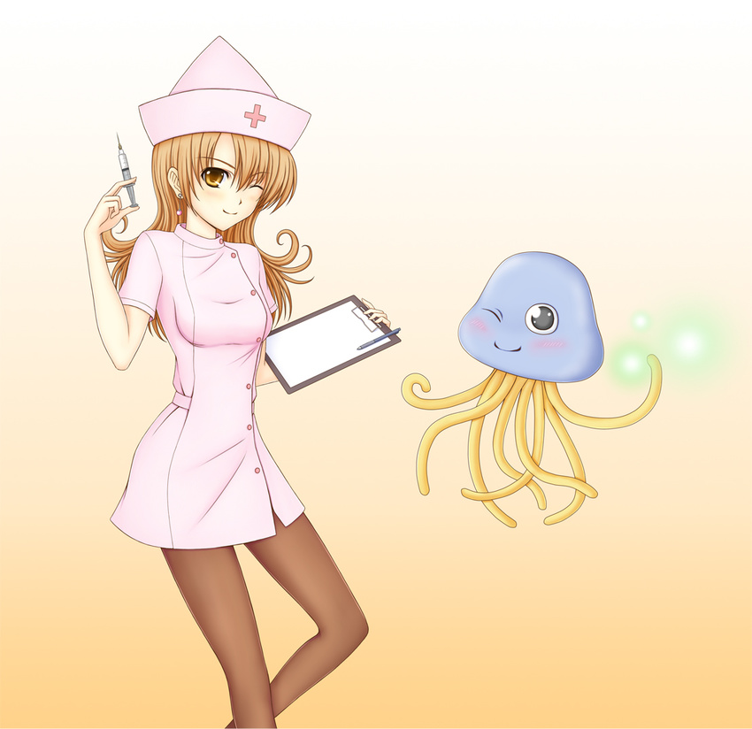 aaku_(ark-royal) alena_(dq4) alternate_costume bangs black_eyes blush breasts brown_legwear buttons clipboard dragon_quest dragon_quest_iv dress earrings flying glowing gradient gradient_background hair_between_eyes hat hoimi_slime holding jewelry light_smile long_hair looking_at_viewer magic nurse one_eye_closed orange_background orange_eyes orange_hair pantyhose parted_bangs pen red_cross short_dress slender_waist small_breasts smile standing syringe tentacles yellow_eyes