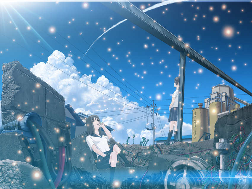 andyanim bad_id bad_pixiv_id cable cloud condensation_trail copyright_request day leaning light_rays multiple_girls power_lines ruins school_uniform sitting skirt sky standing sun sunbeam sunlight