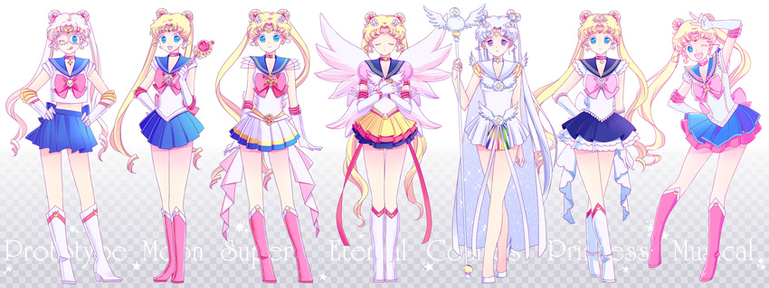 back_bow bare_legs bishoujo_senshi_sailor_moon blonde_hair blue_eyes blue_sailor_collar blue_skirt boots bow cape checkered checkered_background choker closed_eyes costume_chart cutie_moon_rod earrings english eternal_sailor_moon gloves hands_clasped hands_on_hips heart heart_choker highres jewelry layered_skirt lineup long_hair magical_girl multicolored multicolored_clothes multicolored_skirt multiple_girls multiple_persona one_eye_closed open_mouth own_hands_together pink_hair pleated_skirt pretty_guardian_sailor_moon princess_sailor_moon purple_eyes red_bow red_choker sailor_collar sailor_cosmos sailor_moon sailor_moon_musical sailor_senshi sailor_senshi_uniform saki_(hxaxcxk) skirt smile super_sailor_moon tiara tongue tongue_out tsukino_usagi twintails v very_long_hair white_choker white_footwear white_gloves white_hair white_sailor_collar wings yellow_choker