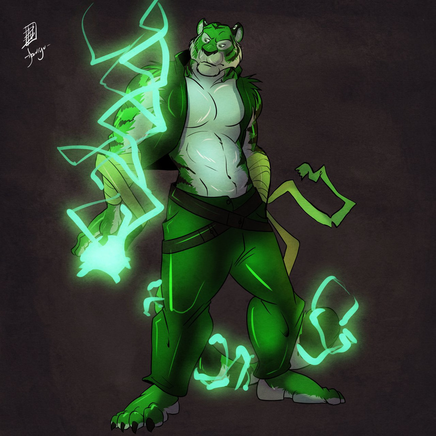 abs abstract_background amazing anthro bandage belt biceps big_muscles body_markings claws clothing donryu electricity feline fur green_eyes green_fur lighting lightning looking_away magic male mammal markings muscles open_shirt pants pecs plain_background plasdurock pose shirt solo standing stripes tiger toe_claws vest white_fur