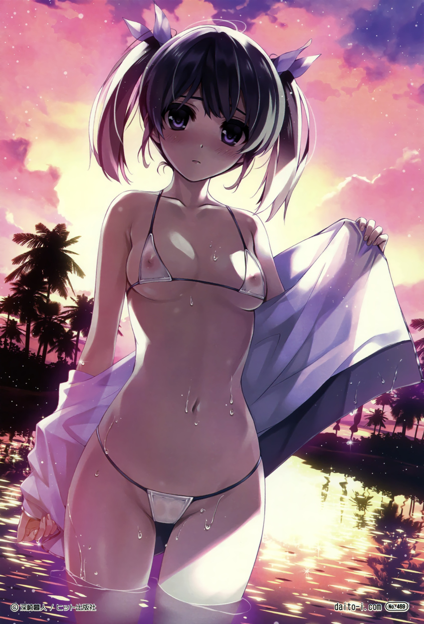 1girl absurdres beach bikini blush breasts cleavage collarbone copyright_request highres lips looking_at_viewer micro_bikini misaki_kurehito navel nipples ocean off_shoulder purple_eyes purple_hair see-through short_hair solo string_bikini swimsuit twintails undressing wading waist water wet white_bikini white_swimsuit