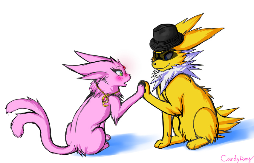 black_headwear blue_eyes blush candyfoxy canine cute duo eeveelution espeon eyewear fedora feral feral_on_feral fur green_eyes hat invalid_tag jolteon mammal neck_ruff necklace nintendo nude paws pink_fur pok&#233;mon pok&eacute;mon sitting spikes split_tail sunglasses surprise video_games yellow_fur