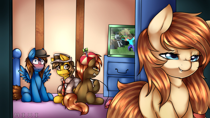 angry bedroom_eyes blue_body blue_eyes blush brown_body brown_eyes brown_hair button's_mom button's_mom button_mash_(mlp) cyan_eyes equine eyelashes female friendship_is_magic group hair hat horse male mammal milf minecraft mixipony mother my_little_pony necktie original_character parent pegasus pony propeller_hat sitting steve_(minecraft) television video_games wing_boner wings yellow_body yellow_eyes