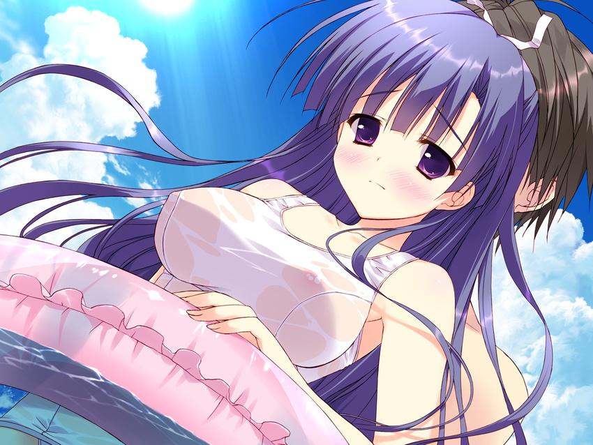 blue_hair game_cg hoshizora_e_kakaru_hashi koumoto_madoka long_hair purple_eyes ryohka see_through swimsuit water