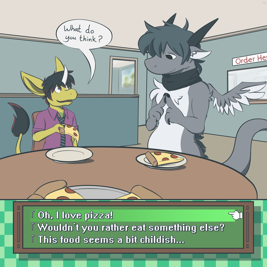 ambiguous_gender bigger_version_at_the_source chest_tuft claws dragon food fur furred_dragon geckonori geno hair horn inside kirin long_ears necktie open_mouth pizza plate question ryu scarf speech_balloon table text tuft