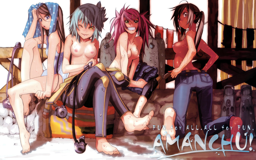 4girls amanchu! amano_kozue barefoot blue_eyes blush breasts brown_eyes brown_hair collarbone feet green_eyes grey_hair grin hair_ornament hairclip highres jeans katori_mato kneeling kohinata_hikari legs legs_crossed lips long_hair looking_at_viewer looking_back multiple_girls ninomiya_ai nipples one-piece_swimsuit ooki_futaba open_mouth pink_hair ponytail scuba short_hair single_sock sitting smile soles swimsuit toes topless towel towel_on_head twintails undressing wet wetsuit wink yellow_eyes