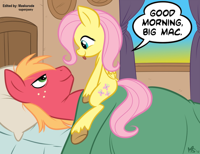 ?_? bed big_mac big_macintosh_(mlp) blue_eyes butt butterfly colored cute cutie_mark dialog duo ears_up edit english_text equine female feral fluttershy_(mlp) friendship_is_magic green_eyes hair hooves horse insect inside invalid_color long_hair male mammal megasweet morning mussle my_little_pony no_penis nude orange_hair pillow pink_hair pony sitting smile text tongue tongue_out wings