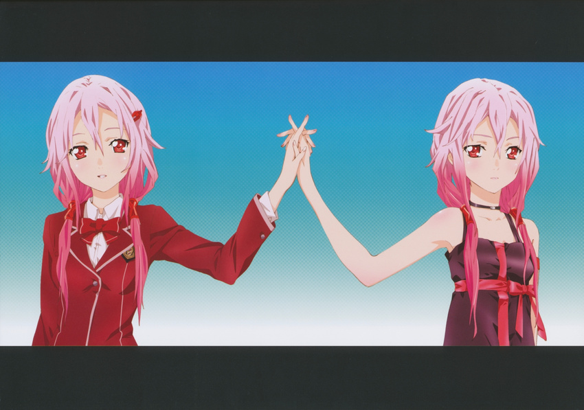 absurdres artist_request bare_shoulders blush collarbone dual_persona frown guilty_crown hair_ornament hairclip hands_up highres holding interlocked_fingers jewelry letterboxed light_smile long_hair looking_at_viewer multiple_girls necklace official_art pink_hair red_eyes sample simple_background twintails upper_body yuzuriha_inori