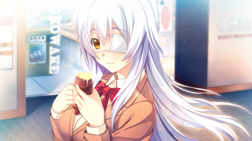 eyepatch food game_cg innocent_bullet long_hair miyasu_sanae oosaki_shinya seifuku white_hair yasouji_ai yellow_eyes