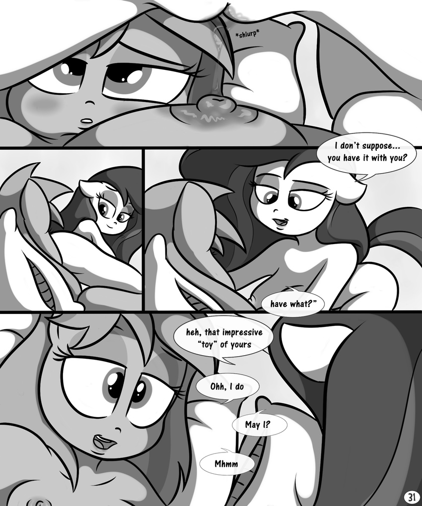 anthro areola big_breasts breasts comic dialog english_text equine erect_nipples female hair horse killryde lesbian lust_from_afar mammal monochrome my_little_pony nipples nude pillow pony pussy pussy_juice rubbing sex text wet wet_pussy