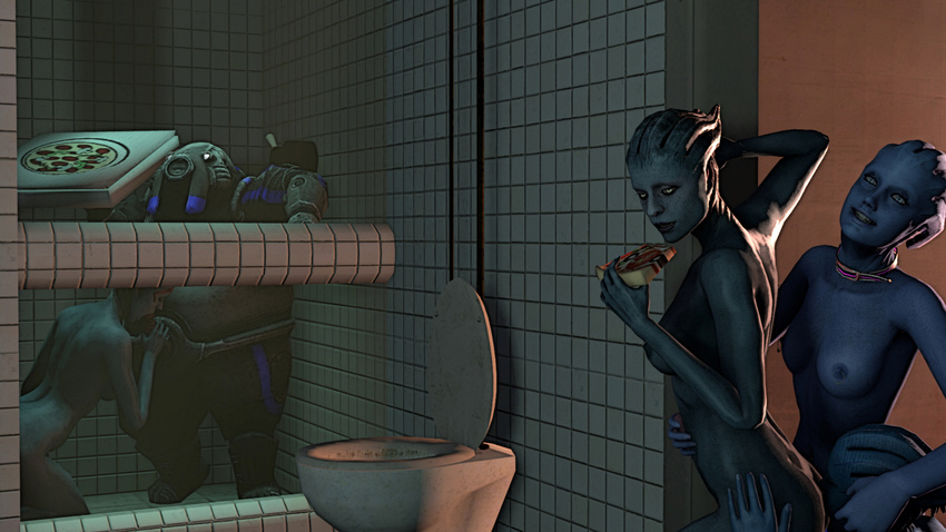 alien anal areola asari bathroom big_breasts blue_eyes blue_skin breasts butt eating erect_nipples erection eyes_closed fellatio female food knogg lesbian male mass_effect mass_effect_2 morinth nipple_piercing nipples nude oral oral_sex penis piercing pizza rimming samara sex smile straight toilet video_games volus