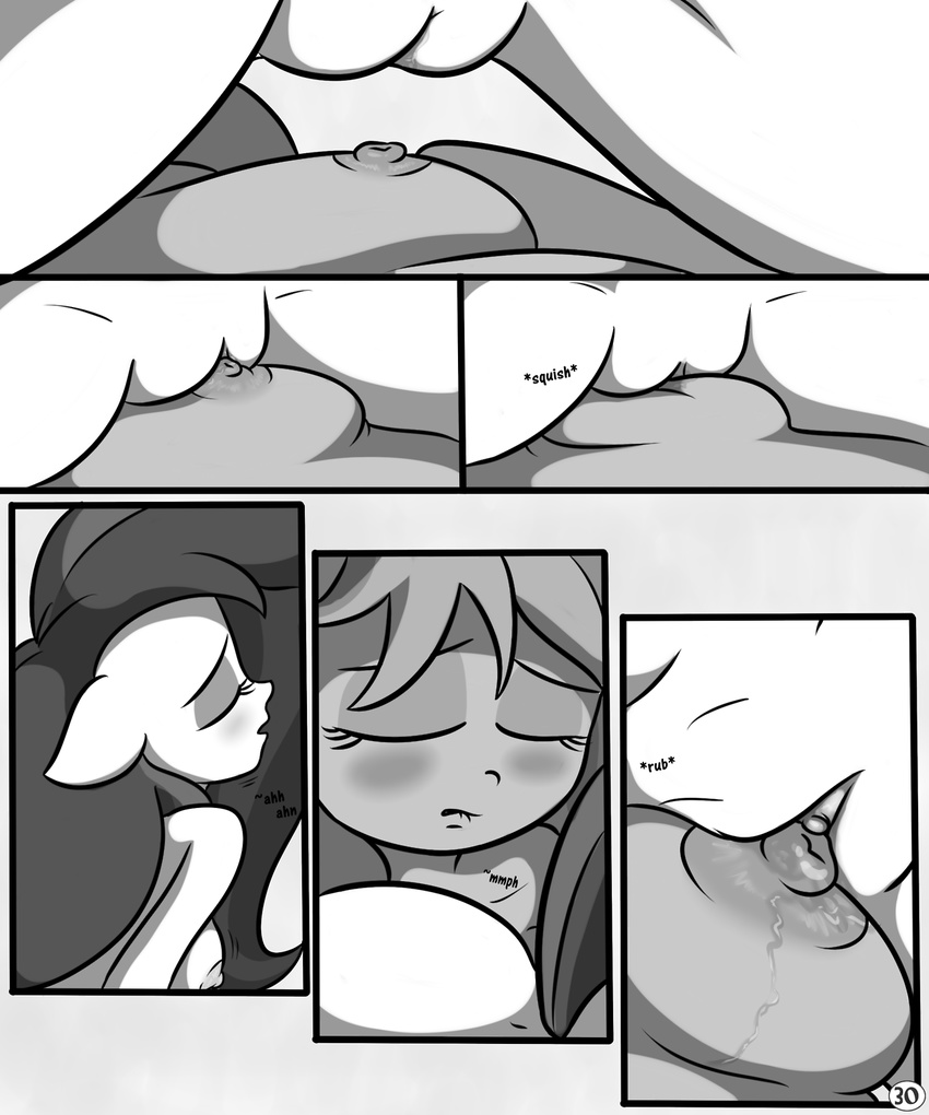 anthro areola big_breasts blush breasts clitoris comic equine erect_nipples eyes_closed female hair horse killryde lesbian lust_from_afar mammal monochrome my_little_pony nipples nude plump_labia pony pussy pussy_juice rubbing sex