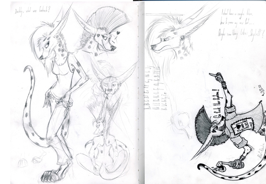 angry anthro black_and_white breasts bw canine clothing female font line_art long_ears long_tail mammal mixed_media mohawk molotov monochrome pen_(art) pencil_(art) piercing pose punk r&#228;ude r&auml;ude sketch sketch_book sketchbook smile spots thorntail traditional_media tunnel