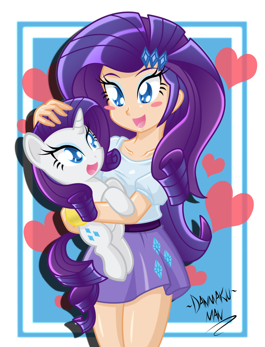 &lt;3 blue_eyes blush bracelet clothing cutie_mark danmakuman duo equestria_girls equine eyeshadow female feral friendship_is_magic hair hair_pin hairpin hi_res holding horn horse human jewelry makeup mammal my_little_pony pony purple_hair rarity_(eg) rarity_(mlp) skirt smile standing unicorn