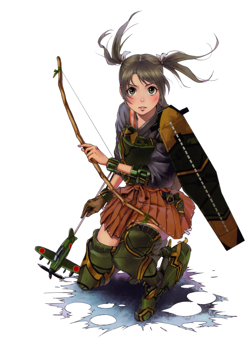 absurdres aircraft airplane archery blood boots bow_(weapon) brown_eyes brown_hair cuts gloves hakama_skirt highres injury kantai_collection kyuudou long_hair muneate one_knee parted_lips partly_fingerless_gloves pleated_skirt shield skirt solo tamaru_tokihiko thigh_boots thighhighs twintails weapon yugake zuikaku_(kantai_collection)