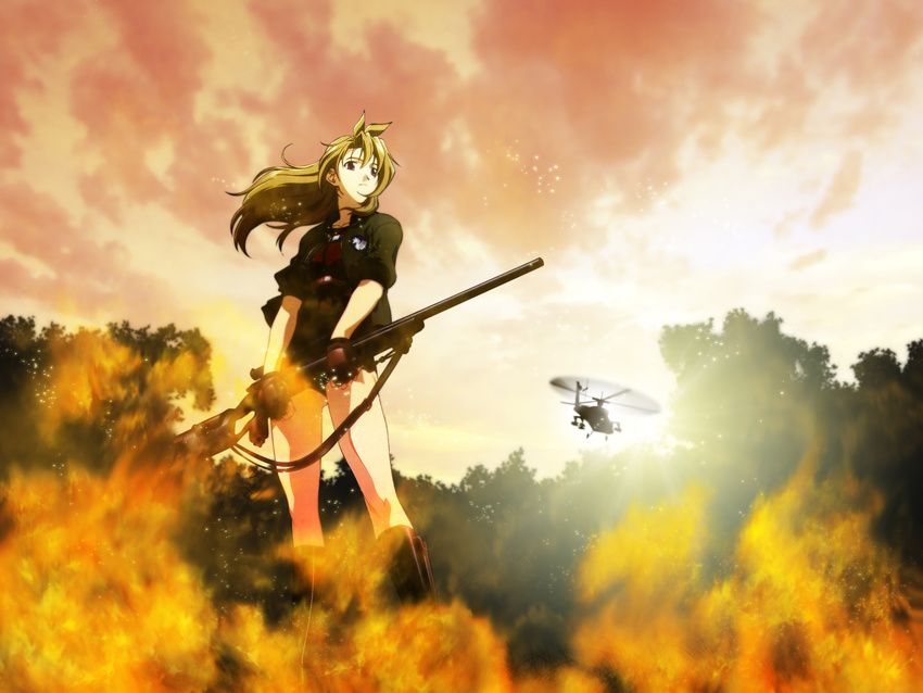 aircraft artist_request fire gun gunship helicopter highres madlax madlax_(character) rifle sniper_rifle solo wallpaper weapon