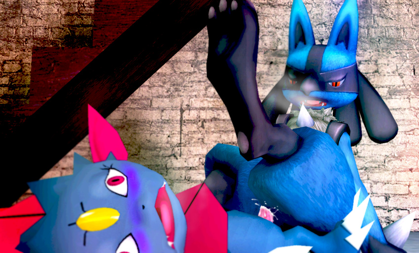 ambiguous_gender blue_fur blush butt cum cum_inside forced fur lucario nintendo on_top one_leg_up pawpads pok&#233;mon pok&eacute;mon rape video_games weavile