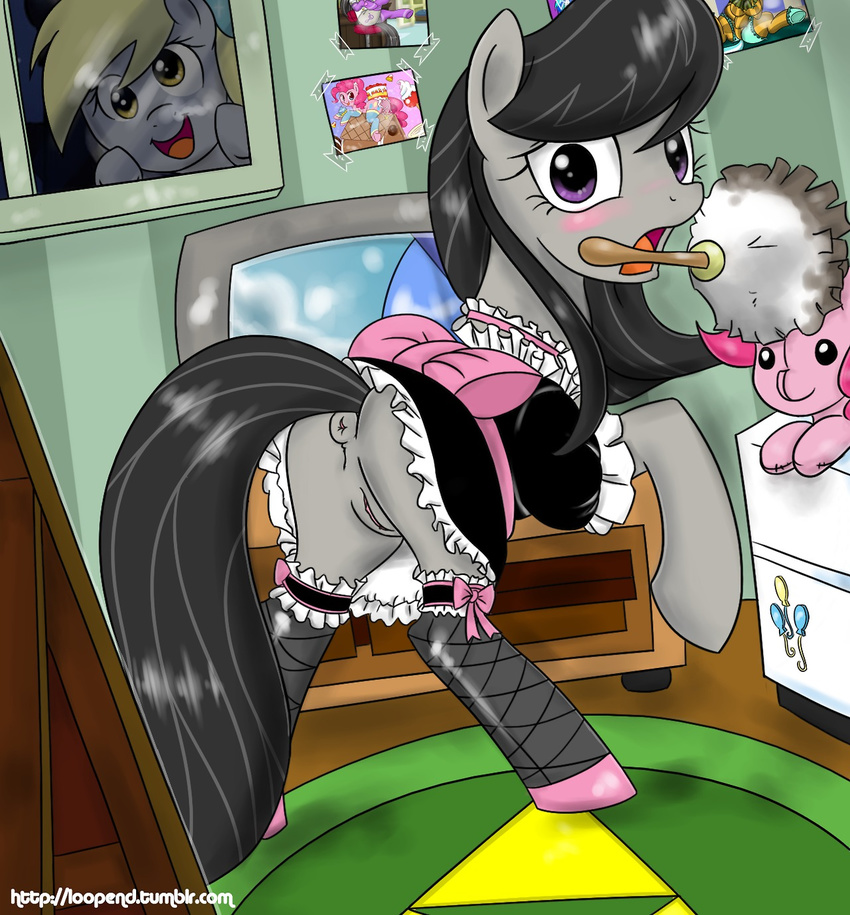 bedroom black_hair blonde_hair blush bow caught derpy_hooves_(mlp) equine female feral friendship_is_magic fur grey_fur hair horse legwear looking_back loopend maid maid_uniform mammal mistress my_little_pony octavia_(mlp) open_mouth pinkie_pie_(mlp) plushie pony portrait puffy_anus purple_eyes pussy solo stockings television tongue