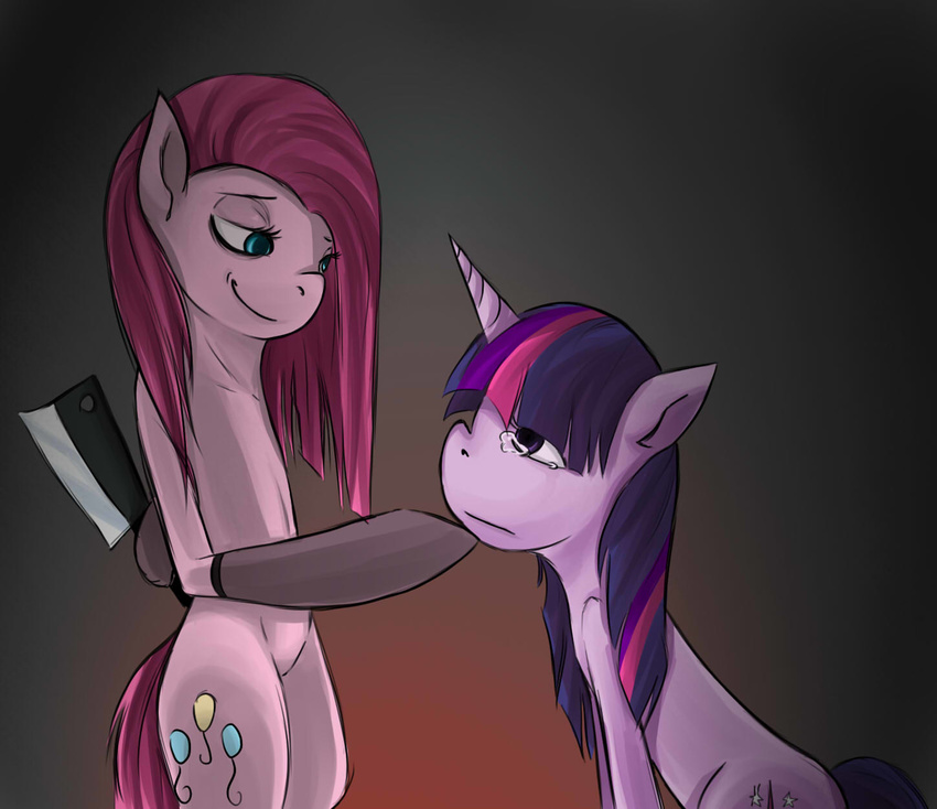 abstract_background anthro anthrofied blue_eyes cleaver cutie_mark duo equine female feral friendship_is_magic fur hair horn horse insanitylittlered mammal multi-colored_hair my_little_pony pink_fur pink_hair pinkamena_(mlp) pinkie_pie_(mlp) pony purple_eyes purple_fur smile straight_hair tears twilight_sparkle_(mlp) unicorn