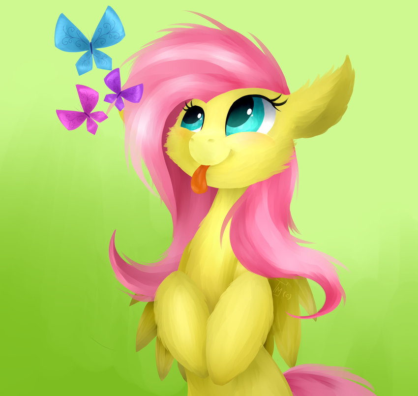 arthropod butterfly cute equine female feral fluttershy_(mlp) friendship_is_magic fur green_background hair happy horse insect mammal my_little_pony pegasus pink_hair plain_background pony smile solo tongue tongue_out twistedmindpony wings yellow_fur