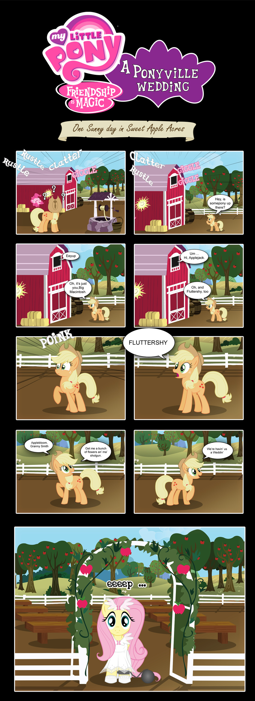 apple apple_tree applejack_(mlp) ball_and_chain barn bdsm bench blonde_hair bondage bound bucket chain clothing comic cowboy_hat cutie_mark dialog dress english_text equine female feral fluttershy_(mlp) freckles friendship_is_magic fruit fur green_eyes hair hat horse long_hair looking_at_viewer mammal my_little_pony open_mouth orange_fur outside pegasus perfectblue97 pink_fur pink_hair pinkie_pie_(mlp) pony sky smile text tongue tree wedding wedding_dress well wings yellow_fur