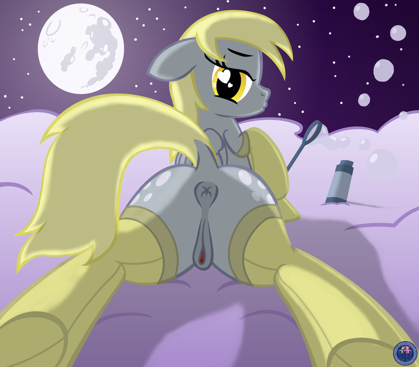 absurd_res anus blonde_hair bubble bubbles cutie_mark derpy_hooves_(mlp) english_text equine female feral friendship_is_magic fur grey_fur hair hi_res horse looking_at_viewer looking_back mammal moon my_little_pony night pegasus pony pussy socks solo template93 text wings