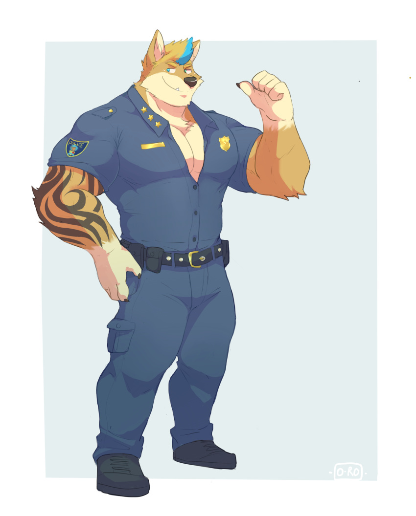 2017 5_fingers anthro black_markings blonde_hair blue_hair boltsb brown_fur canine clothing front_view fur hair hand_on_hip hi_res looking_aside male mammal markings multicolored_hair o-ro police_uniform smile solo standing two_tone_hair uniform