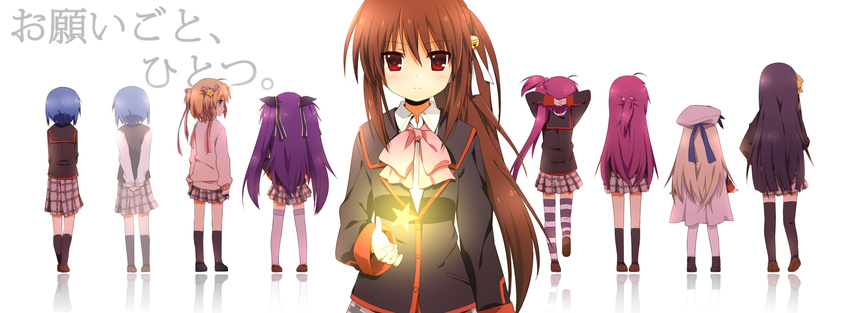 bow brown_hair futaki_kanata highres jiang-ge kamikita_komari kurugaya_yuiko little_busters! long_hair multiple_girls natsume_rin nishizono_midori nishizono_mio noumi_kudryavka pink_bow ponytail red_eyes saigusa_haruka sasasegawa_sasami school_uniform translated