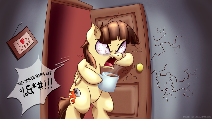 &lt;3 angry brown_eyes brown_hair coffee coffee_mug cracks cup cutie_mark door english_text equine female feral friendship_is_magic frown fur hair horse long_hair mammal mug my_little_pony open_mouth pegasus pony solo tadashi--kun teeth text tongue wild_fire_(mlp) wings