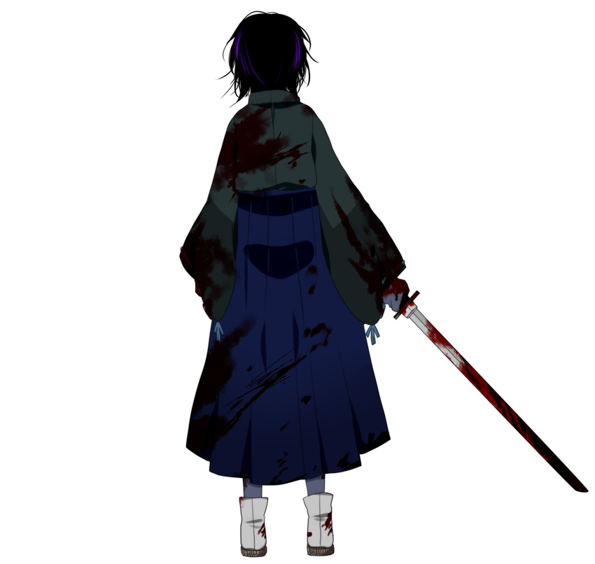 absurdres blood blue_hakama from_behind hakama highres japanese_clothes kyoushuu_sakusen_(vocaloid) marirero_a short_hair solo sword transparent_background weapon