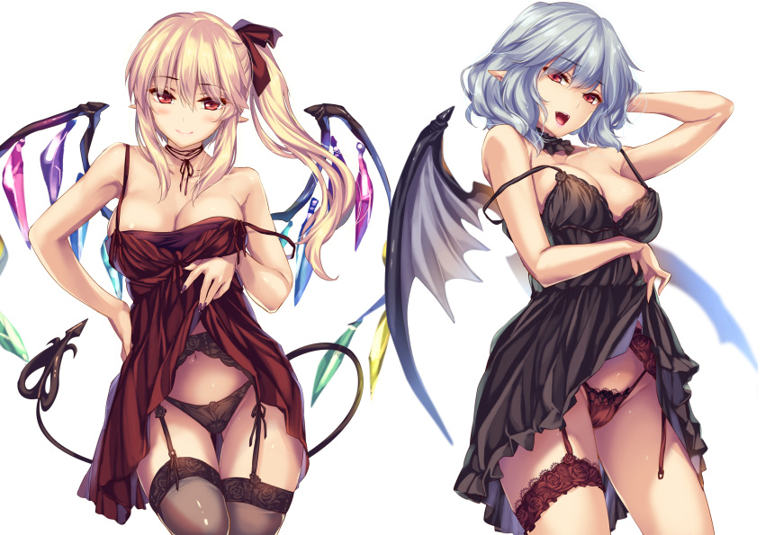 2girls alternate_costume bangs bare_arms bare_shoulders bat_wings black_legwear black_panties blonde_hair blue_hair breasts choker cleavage closed_mouth clothes_lift collarbone cowboy_shot crystal detached_collar dress dress_lift eyebrows_visible_through_hair fangs fingernails flandre_scarlet floral_print garter_belt hair_between_eyes hair_ribbon hand_on_hip head_tilt highres laevatein_(tail) large_breasts leg_garter lifted_by_self lingerie lips long_hair looking_at_viewer moneti_(daifuku) multiple_girls nail_polish navel negligee off_shoulder older open_mouth panties pointy_ears purple_nails red_dress red_eyes red_ribbon remilia_scarlet ribbon ribbon_choker siblings side_ponytail simple_background sisters smile standing strap_gap strap_slip tail thighhighs touhou underwear white_background wings