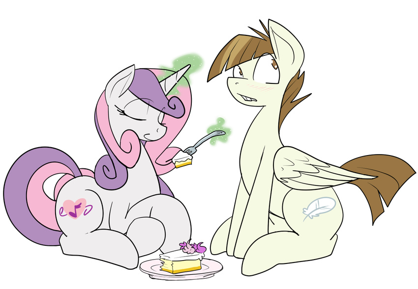 brown_eyes brown_hair cake cutie_mark duo equine eyes_closed featherweight_(mlp) female feral food fork friendship_is_magic glowing hair horn horse levitation magic male mammal my_little_pony pegasus plain_background plate pony reiduran sparkles sweetie_belle_(mlp) two_tone_hair unicorn white_background wings